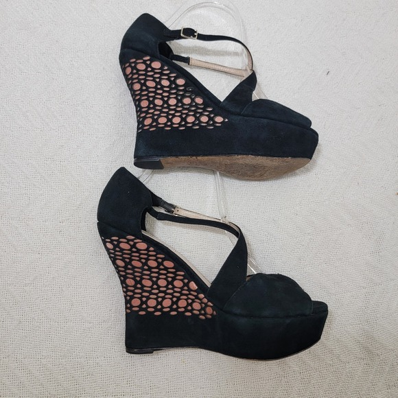 L.K. Bennett Rea Peep Toe Black Suede High Wedge Sandals Nude Lace Size 40 US 10 - Picture 1 of 15
